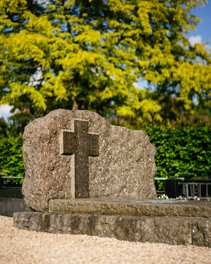 Monument en granit à face brute avec croix polie en relief, devant une haie et un arbre au feuillage clair